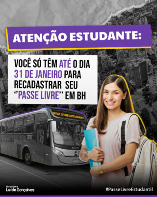 ⚠️ ATENÇÃO AO PRAZO: ⤵️

O estudante deve acessar o site do benefício para confirmar as informações e realizar o envio da documentação necessária. ✅

A previsão é que as pessoas que fizerem a renovação dentro do prazo recebam o bônus já no primeiro dia de aula de 2024, uma vez que não é mais necessário entregar a documentação de forma presencial. 😉

Quem tiver dificuldade na realização do recadastro pode procurar as equipes do "Passe Livre" no Centro de Referência das Juventudes (CRJ), na Rua dos Guaicurus, 50, Centro. 

⚠️ Novas inscrições em fevereiro ⤵️

Estudantes do Ensino Médio e da Educação de Jovens e Adultos (EJA) de escolas públicas ou da rede privada com bolsa integral que ainda não são beneficiários do programa municipal poderão realizar as inscrições entre 1° e 29 de fevereiro também no site do passe estudantil. ✅

➡️: https://passeestudantil.pbh.gov.br/

📰: Pedro Melo/Hoje em dia

#loídegonçalvesbh #bh #belohorizonte #bhmg #passelivre #passeestudantil #estudantes
